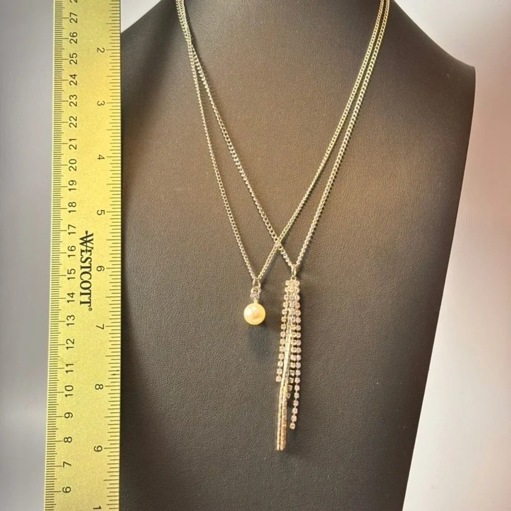 Vintage Necklace Set Silver Pearl Rhinestone Fringe Tassel Y2K Boho Statement